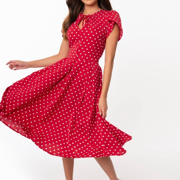 Unique Vintage Dresses & Skirts - Red & White Polka Dot Unique Vintage Swing Dress Size 1X/16